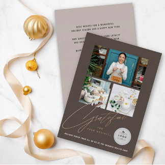 Grateful Handwrite Script 3 Photo Stylish Business Foil Holiday Card