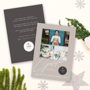 Grateful Handwrite Script 3 Photo Stylish Business Holiday Card