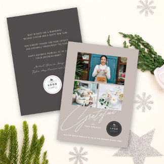 Grateful Handwrite Script 3 Photo Stylish Business Holiday Card