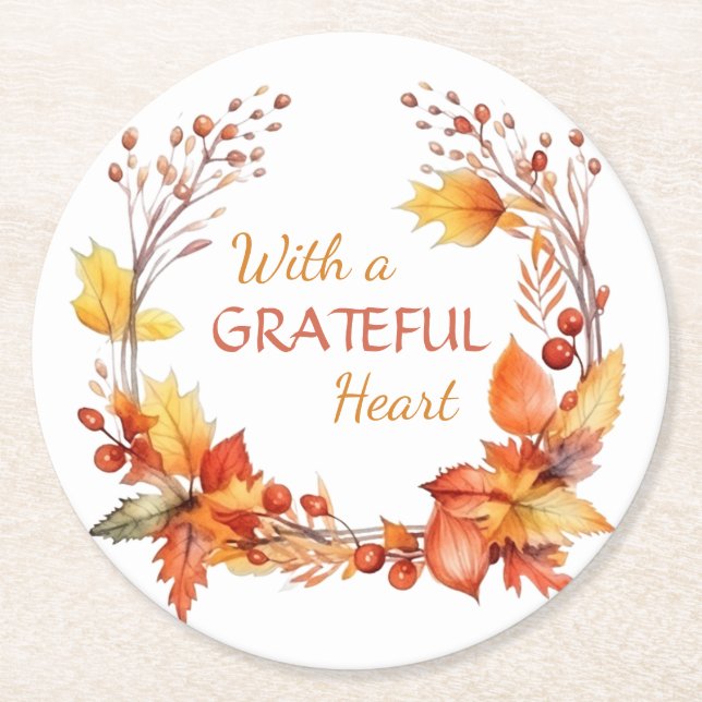 Grateful Heart Autumn Leaves Thanksgiving Round Paper Coaster (Front)