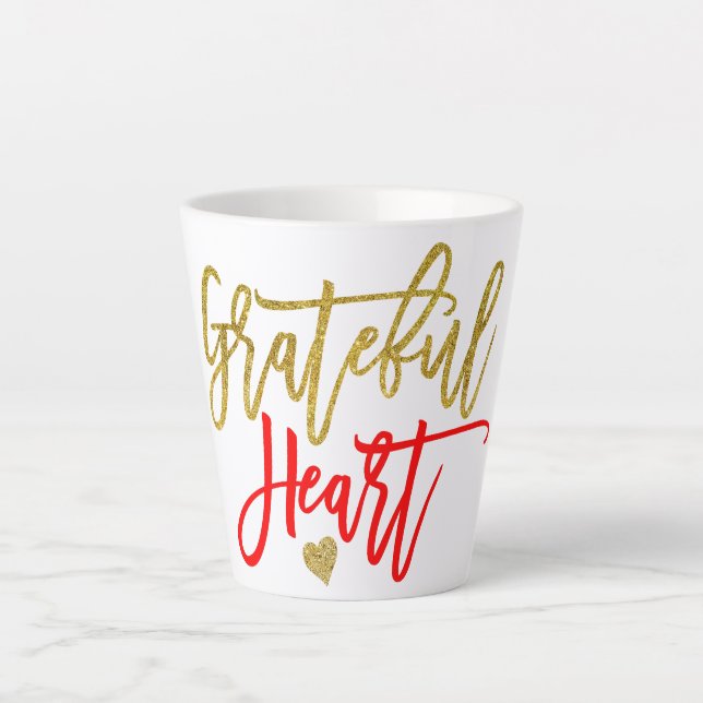 Grateful Heart Gratitude Quote Script Red Gold Latte Mug (Front)