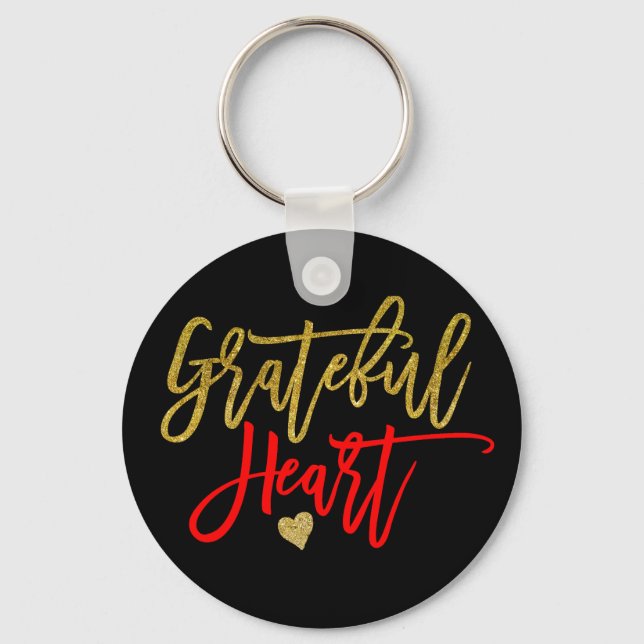 Grateful Heart Script Typography Red Gold Black Key Ring (Front)