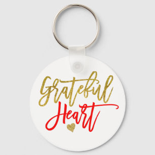Grateful Heart Script Typography Red Gold Quote Key Ring