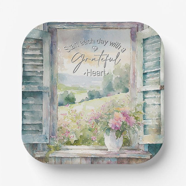Grateful heart watercolor floral window  paper plate (Front)