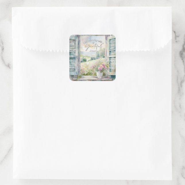 Grateful heart watercolor floral window  square sticker (Bag)