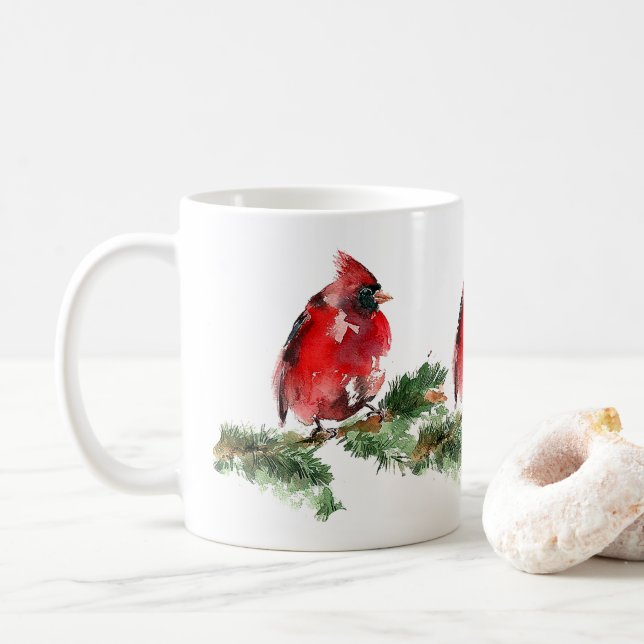 "Grateful Heart" Watercolor Red Cardinal Mug (With Donut)