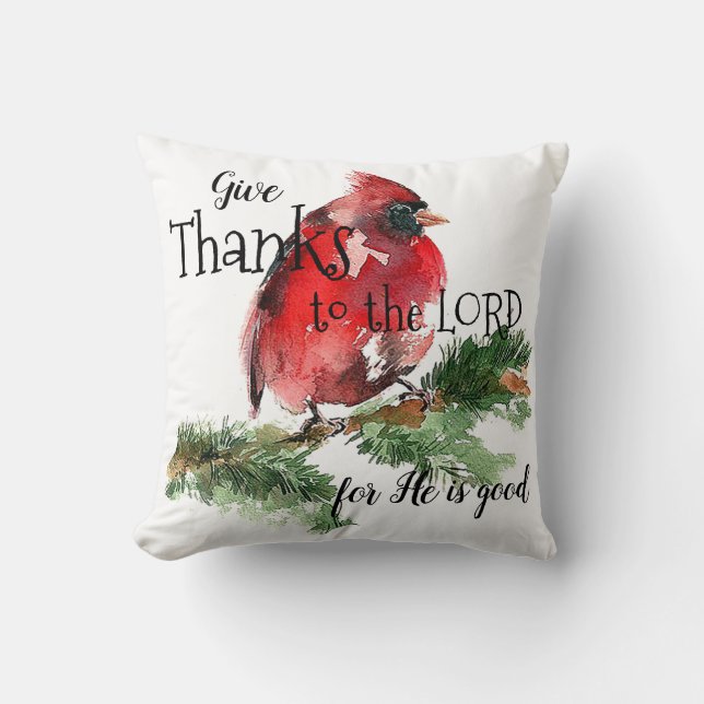 "Grateful Heart" Watercolor Red Cardinal Pillow (Front)