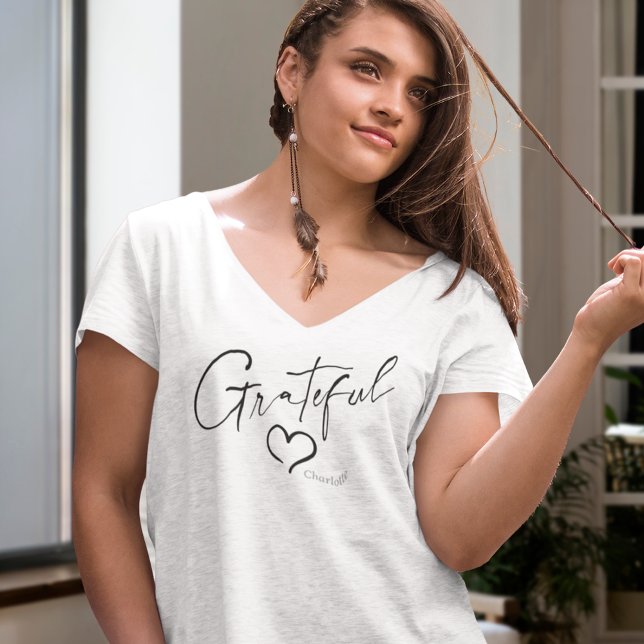 Grateful Heart | Your Name Ink Script V-Neck T-Shirt (Creator Uploaded)