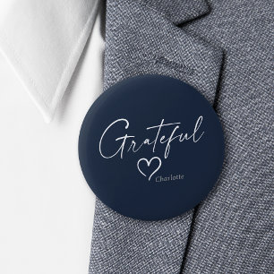 Grateful Heart   Your Name Minimal Ink Script 6 Cm Round Badge