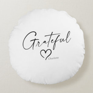 Grateful Heart   Your Name Minimal Ink Script Round Cushion