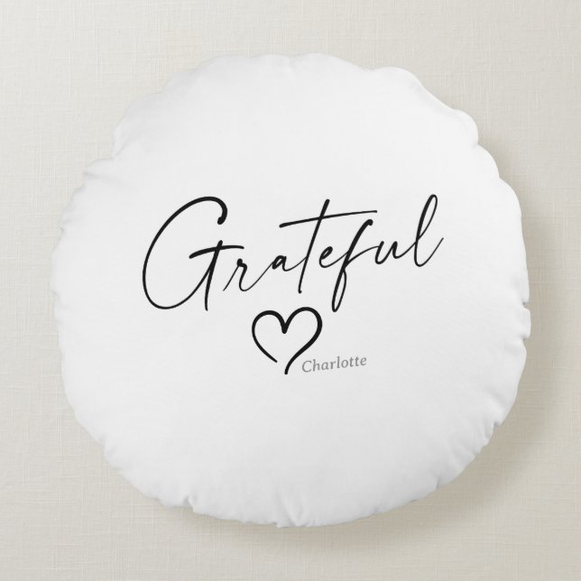 Grateful Heart | Your Name Minimal Ink Script Round Cushion (Front)