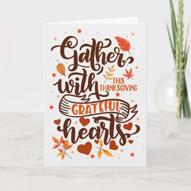 Grateful Hearts Autumn Leaf Typograpy Thanksgiving Holiday Card (Front)