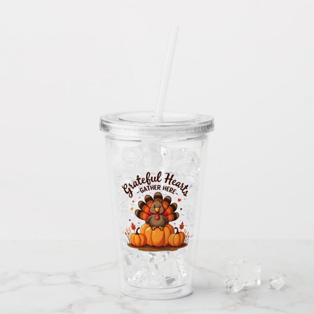 Grateful Hearts Thanksgiving Turkey Acrylic Tumbler (Back Ice)