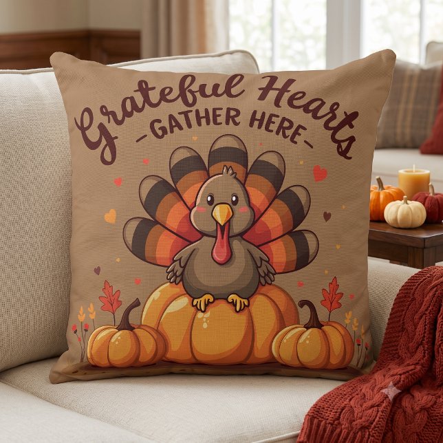Grateful Hearts Thanksgiving Turkey Cushion (Grateful Hearts Thanksgiving Turkey Throw Pillow)