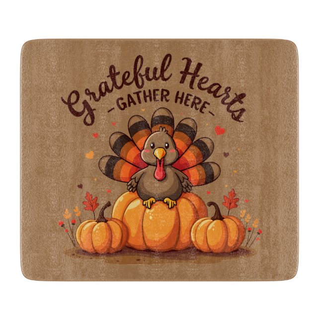 Grateful Hearts Thanksgiving Turkey Cutting Board (Front)