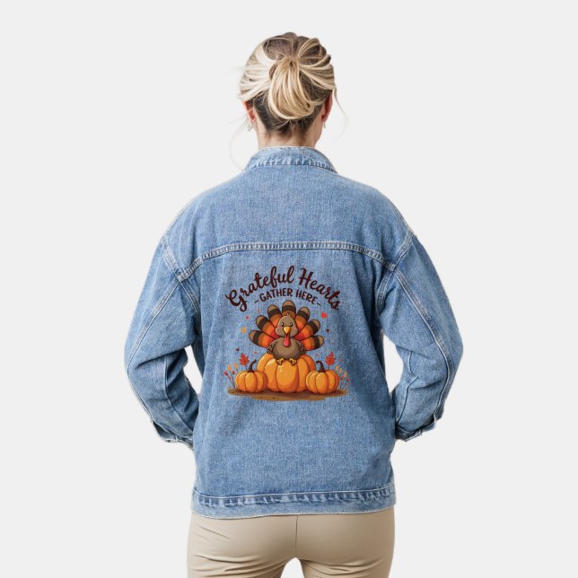 Grateful Hearts Thanksgiving Turkey Denim Jacket (Model)