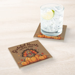 Grateful Hearts Thanksgiving Turkey Glass Coaster