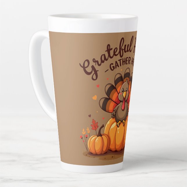 Grateful Hearts Thanksgiving Turkey Latte Mug (Left Angle)