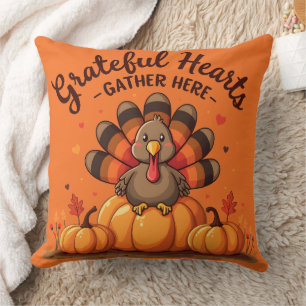 Grateful Hearts Thanksgiving Turkey Orange Cushion