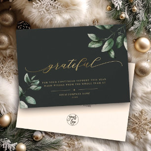 Grateful   Modern Calligraphy Eucalyptus Gold Logo Holiday Card