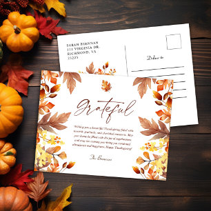 Grateful Modern Rustic Fall Thanksgiving Holiday Postcard