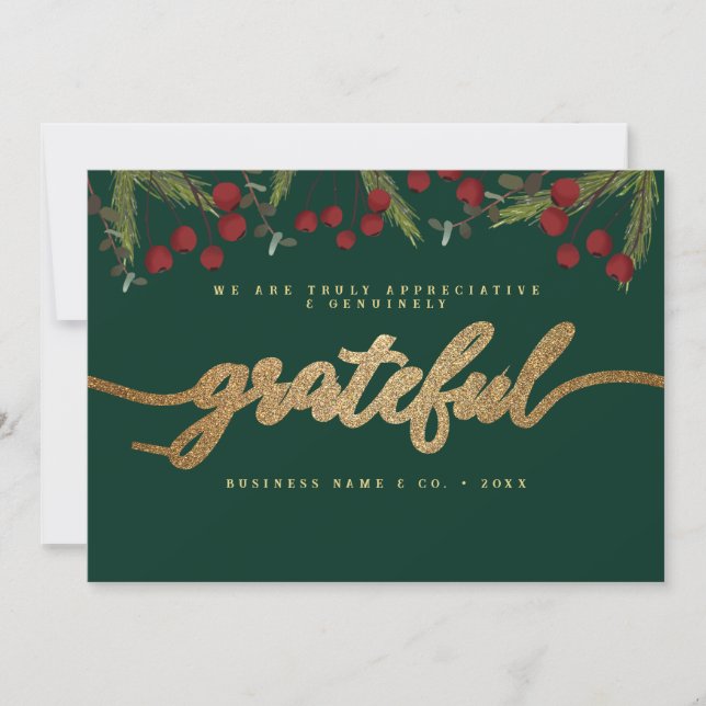 Grateful Modern Script Holly Pine business logo  Holiday Card (Front)