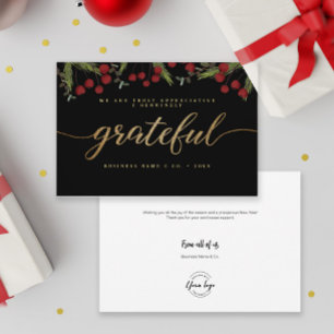 Grateful Modern Script Holly Pine business logo Holiday Card