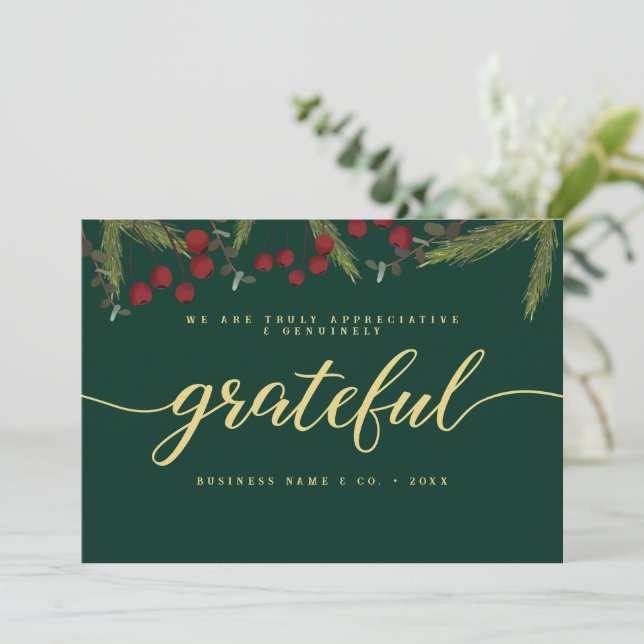 Grateful Modern Script Holly Pine business logo  Holiday Card (Standing Front)