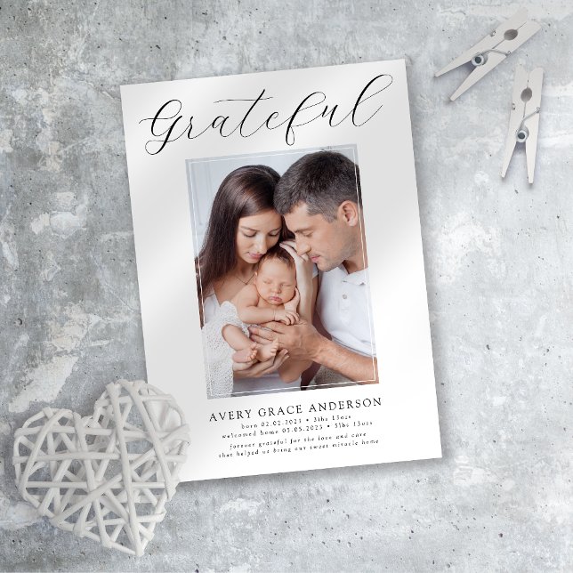 Grateful • Modern Script Photo Preemie Birth Announcement (Creator Uploaded)