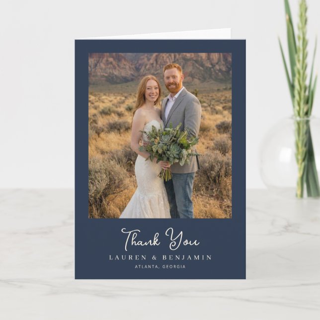 Grateful Navy Rustic Photo Thank You Card (Front)