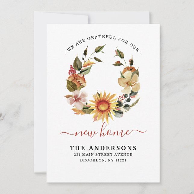 Grateful New Home We've Moved Fall Wreath Moving Announcement (Front)