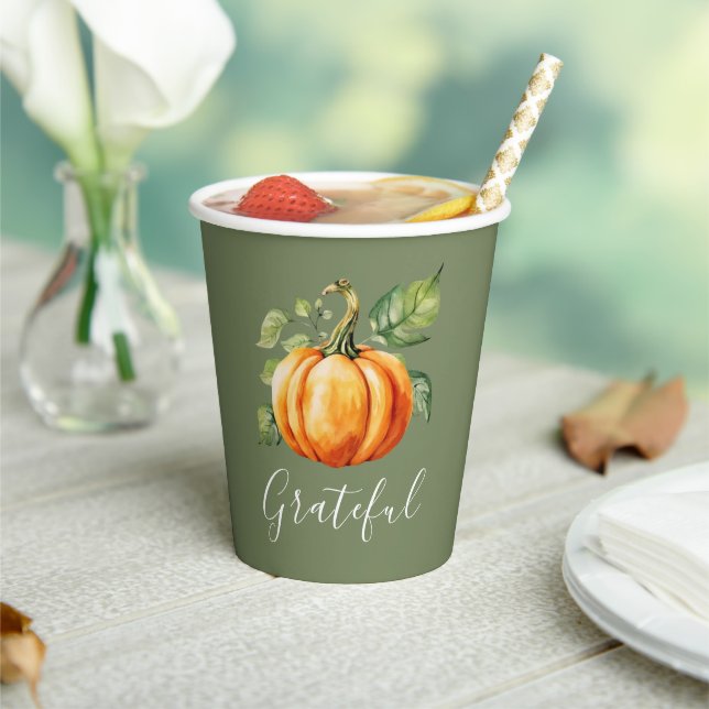 Grateful Orange Pumpkin Moss Green Thanksgiving Paper Cups (Insitu)