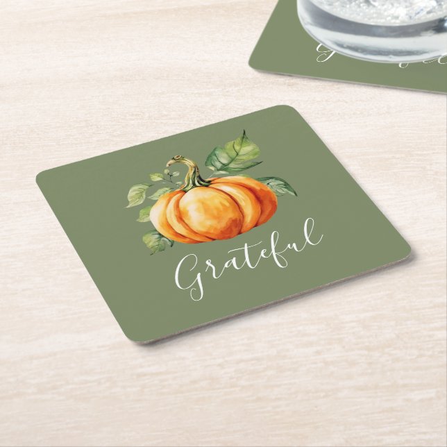 Grateful Orange Pumpkin Moss Green Thanksgiving Square Paper Coaster (Angled)