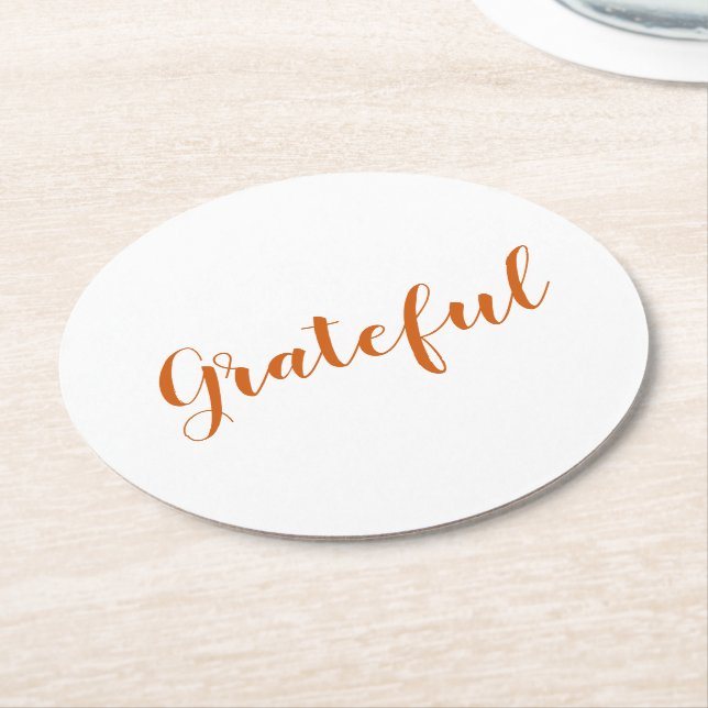 Grateful orange spice script cute thanksgiving round paper coaster (Angled)