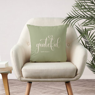 Grateful Personalized Family Name Sage Green Cushion