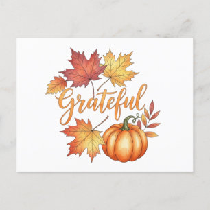 Grateful Pumpkin & Autumn Leaves  Holiday Postcard