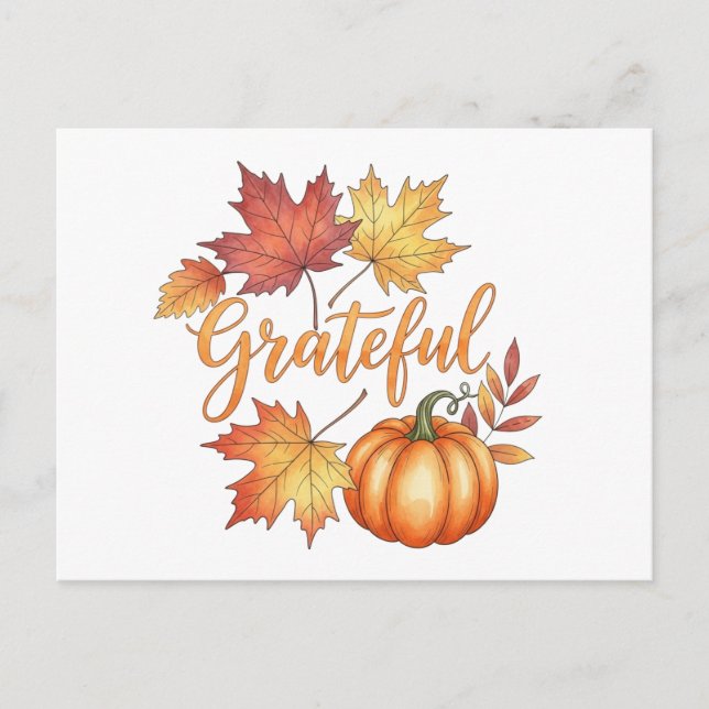 Grateful Pumpkin & Autumn Leaves  Holiday Postcard (Front)