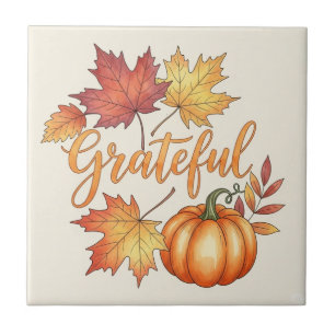 Grateful Pumpkin & Autumn Leaves  Tile