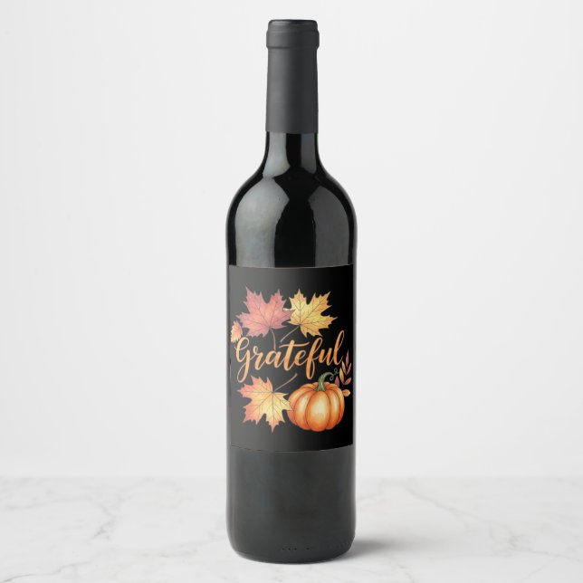 Grateful Pumpkin & Autumn Leaves  Wine Label (Front)
