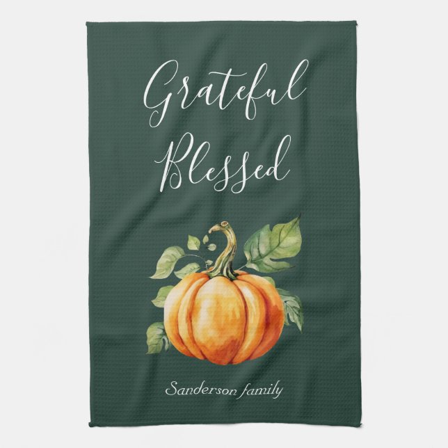 Grateful Pumpkin Thanksgiving Personalised Green Tea Towel (Vertical)