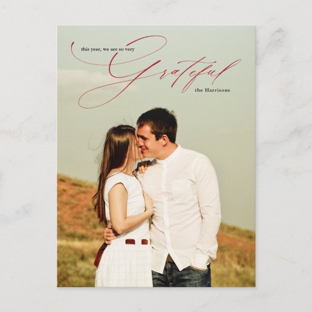 Grateful Red Calligraphy Chic Full Photo Holiday Postcard (Front)