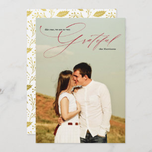 Grateful Red Script Calligraphy Full Photo Holiday Card