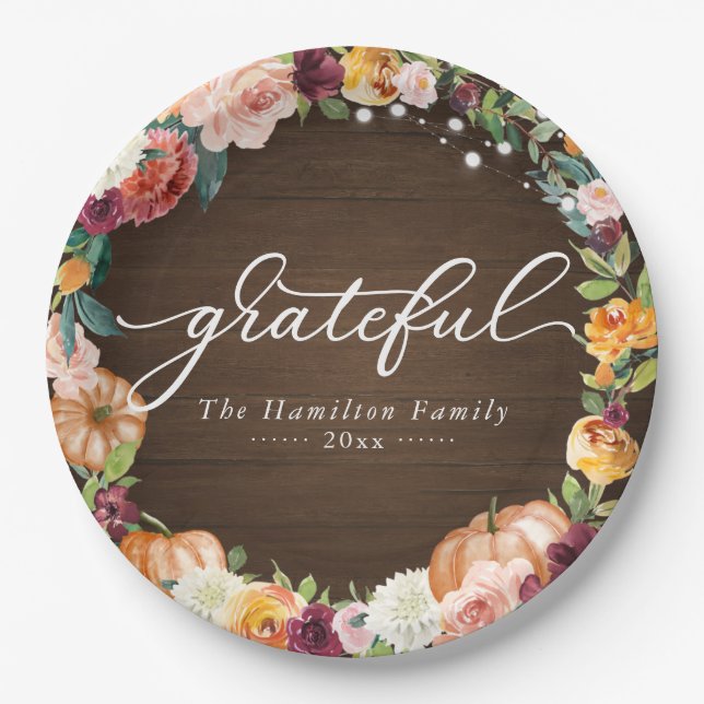 Grateful Rustic Autumn Flowers Thanksgiving Dinner Paper Plate (Front)