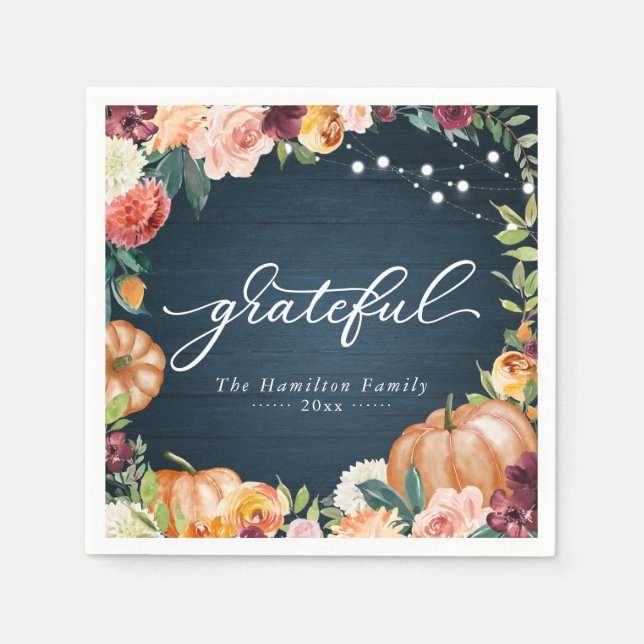 Grateful Rustic Fall Floral Thanksgiving Dinner Napkin (Front)