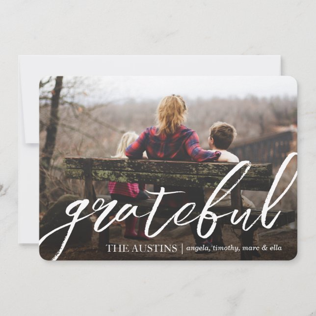 Grateful Script Family Name Overlay Thanksgiving Holiday Card (Front)