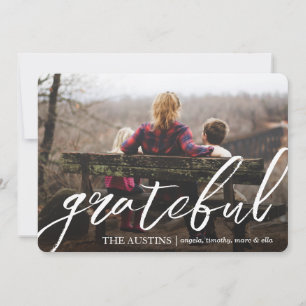 Grateful Script Family Name Overlay Thanksgiving Holiday Card