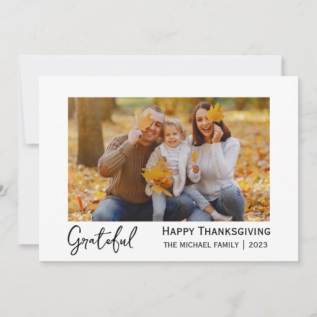 Grateful | Simple happy thanksgiving Family photo Holiday Card (Front)