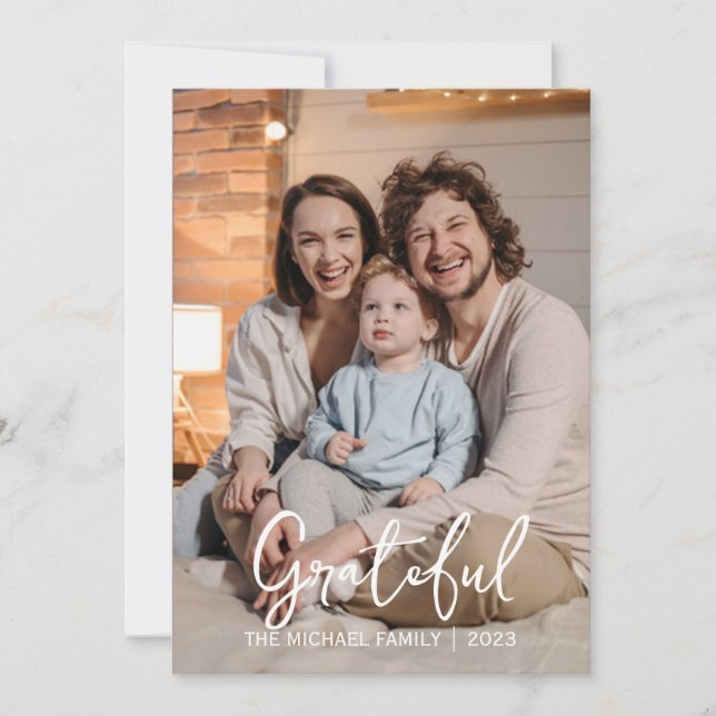Grateful | Simple happy thanksgiving Family photo Holiday Card (Front)