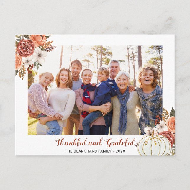 Grateful Thankful Autumn Floral Photo Thanksgiving Holiday Postcard (Front)