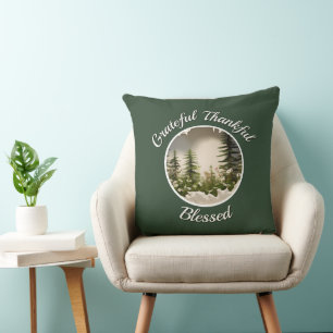 "Grateful, Thankful, Blessed" Dark Green  Cushion